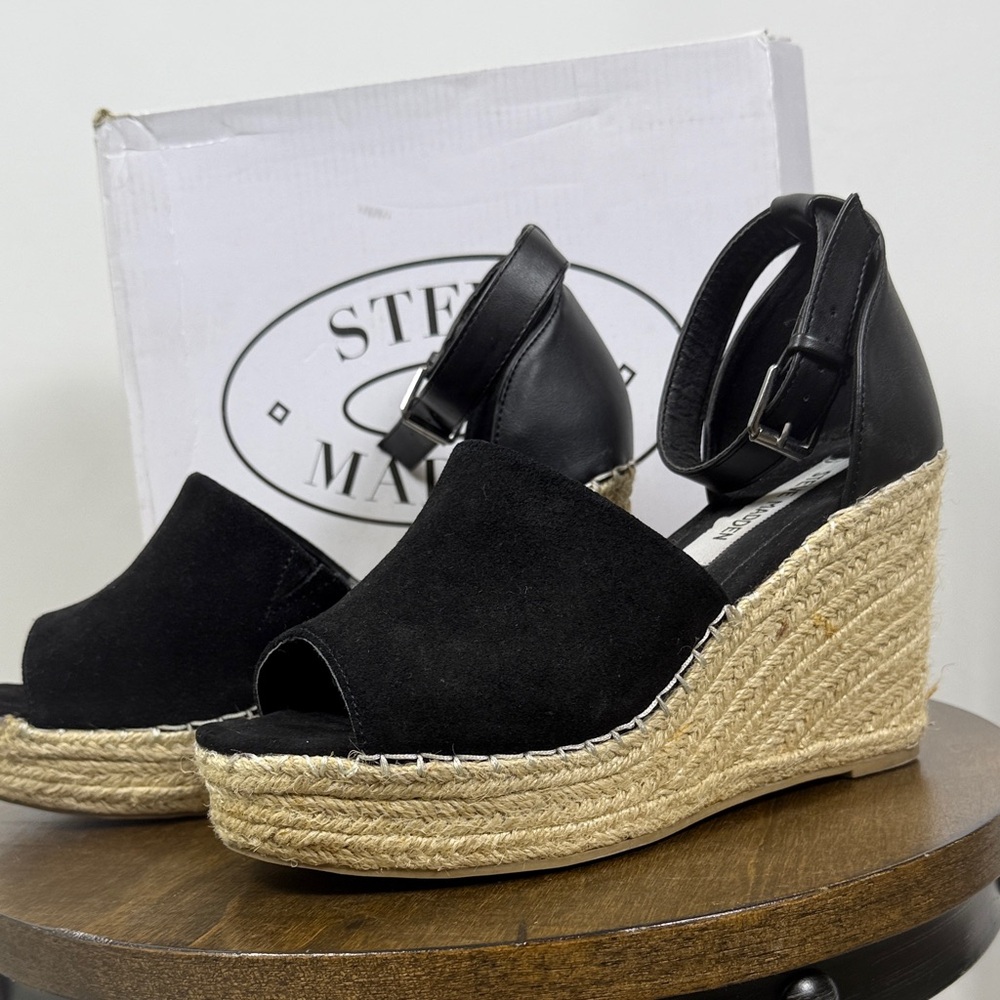 Steve Madden Black Espadrille Wedges Size 8.5 Boho Beach Cottagecore
